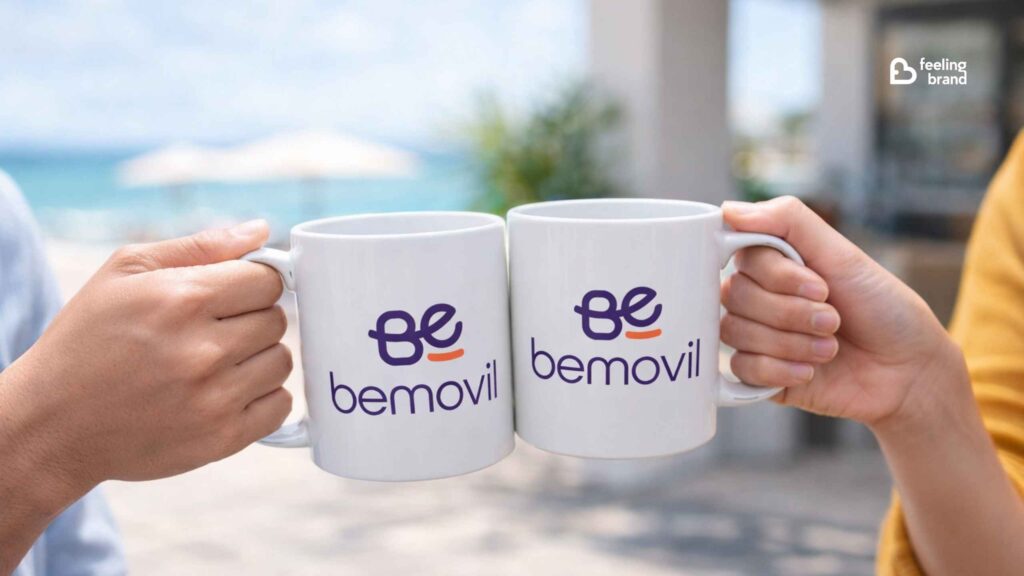 dos personas chocan tazas con logo de be movil transformacion de marca feeling brand