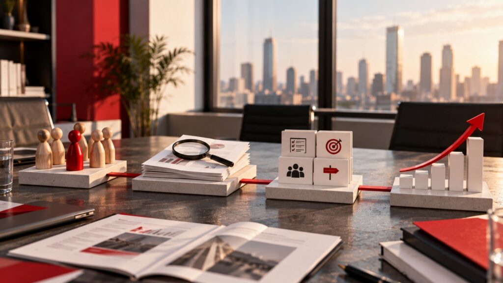 imagen de una oficina con diferentes elementos sobre la mesa de dirección estrategia y diseño branding es dirección feeling brand